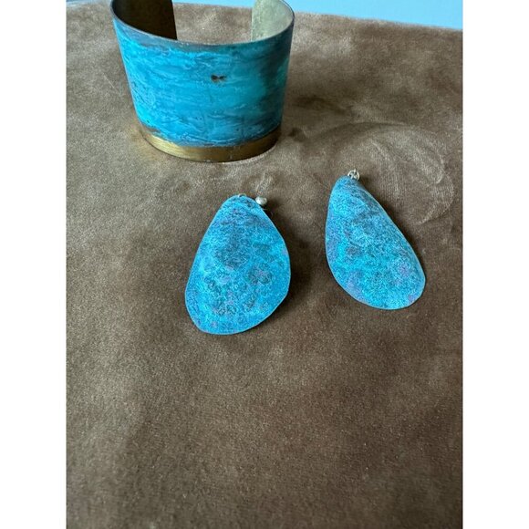 Handmade Wrist Cuff and Matching Earrings Blue and Brass - Picture 7 of 7